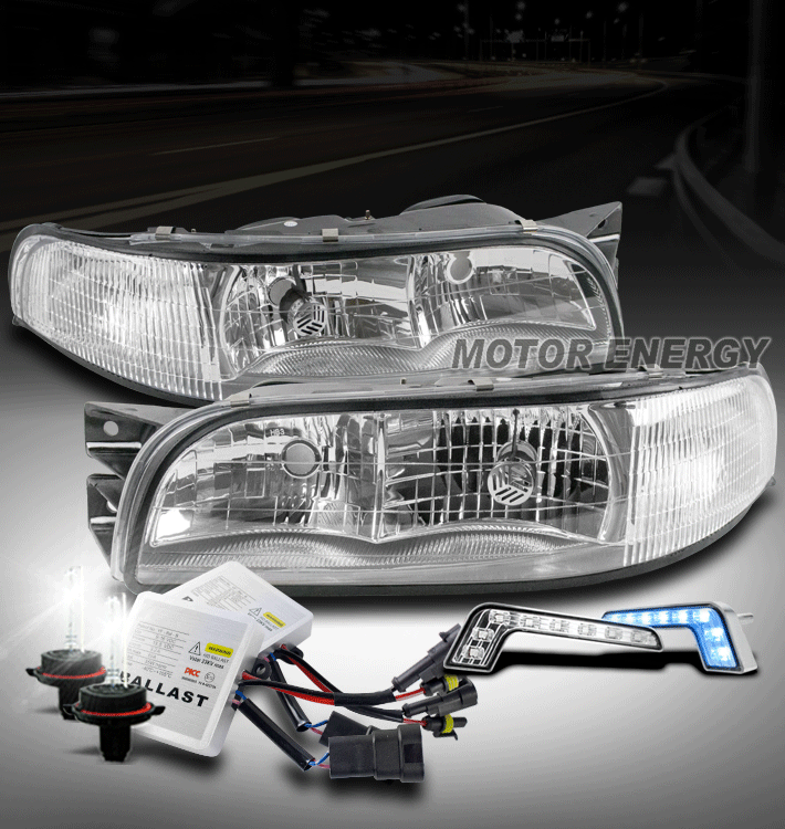 FOR 97 98 99 BUICK LESABRE CHROME HEADLIGHT LAMP W/BLUE DRL LED SIGNAL+