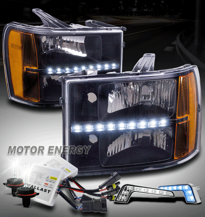FOR 0713 GMC SIERRA PICKUP BLACK LED HEADLIGHTS LAMP W/BLUE DRL LED+6K