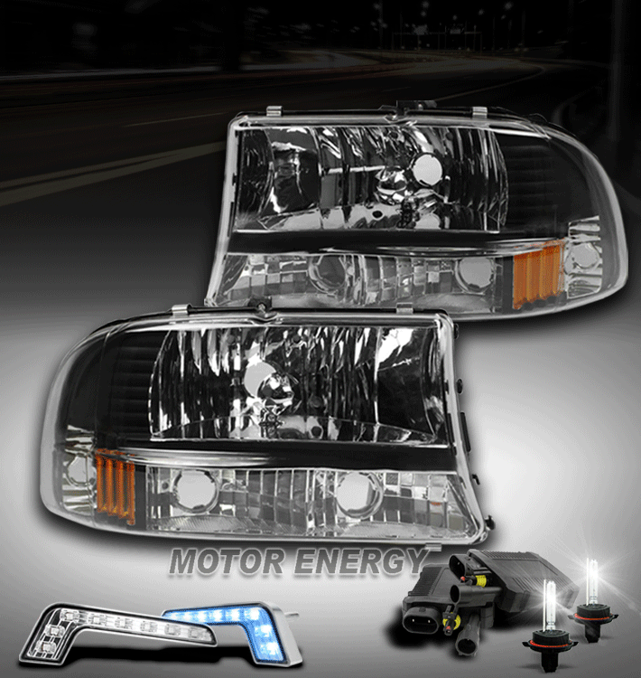 97-04 DAKOTA/98-03 DURANGO CRYSTAL BLACK HEAD LIGHT LAMP+BLUE DRL