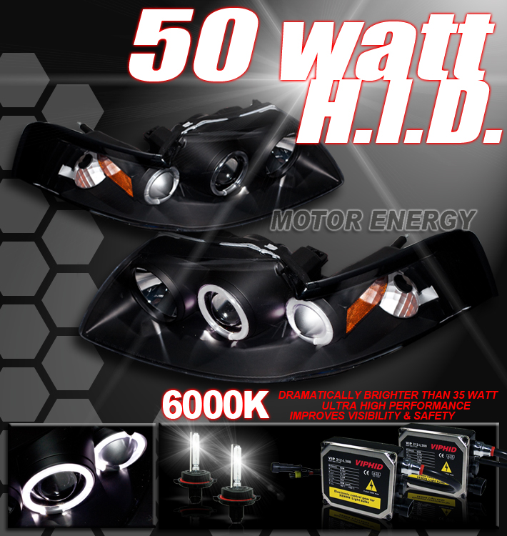 For 1999-2004 Ford Mustang Halo Projector Headlights Headlamps with 50W 6000K HID Conversion Kit - Black