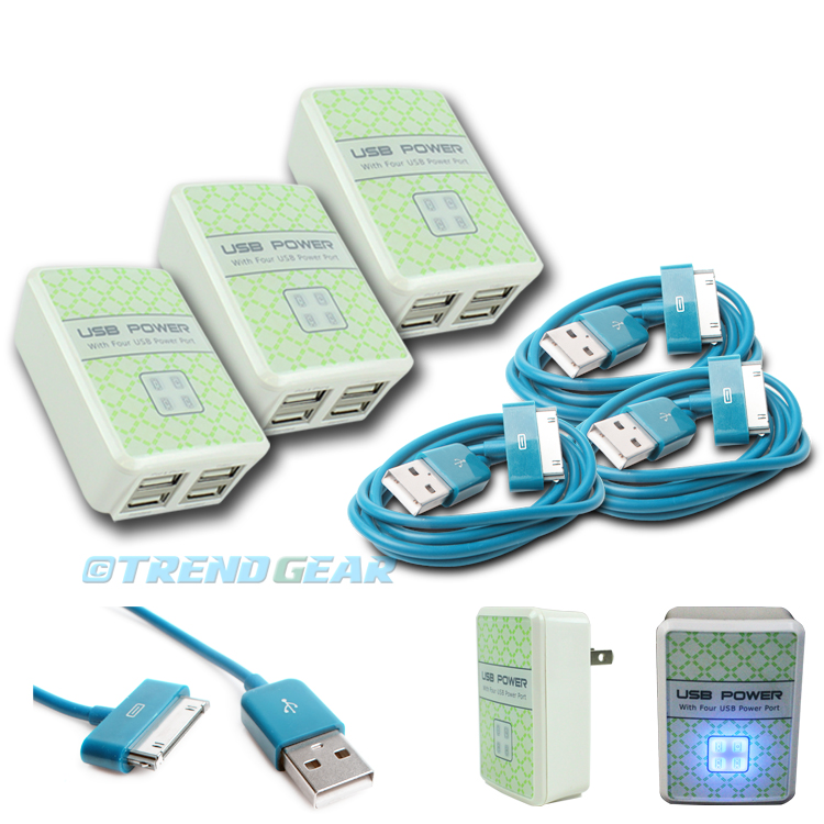 2X 4 USB PORT HUB WALL ADAPTER+3FT CABLE CHARGER DATA RED FOR IPHONE IPOD IPAD