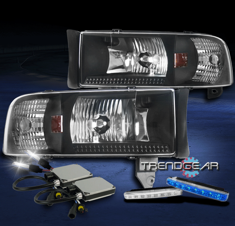 19942001 DODGE RAM BLACK CRYSTAL HEAD LIGHTS LAMP W/BLUE DRL SIGNAL+6K