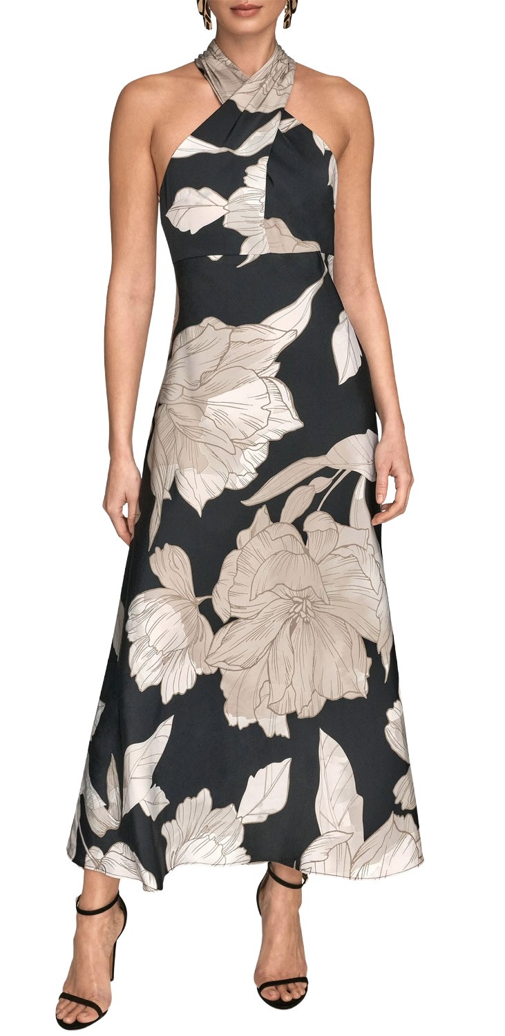 chinese dress ladies Donna Karan Women's Chiffon Pleated Floral A-Line Dress - Midnight Green Multi main image 1