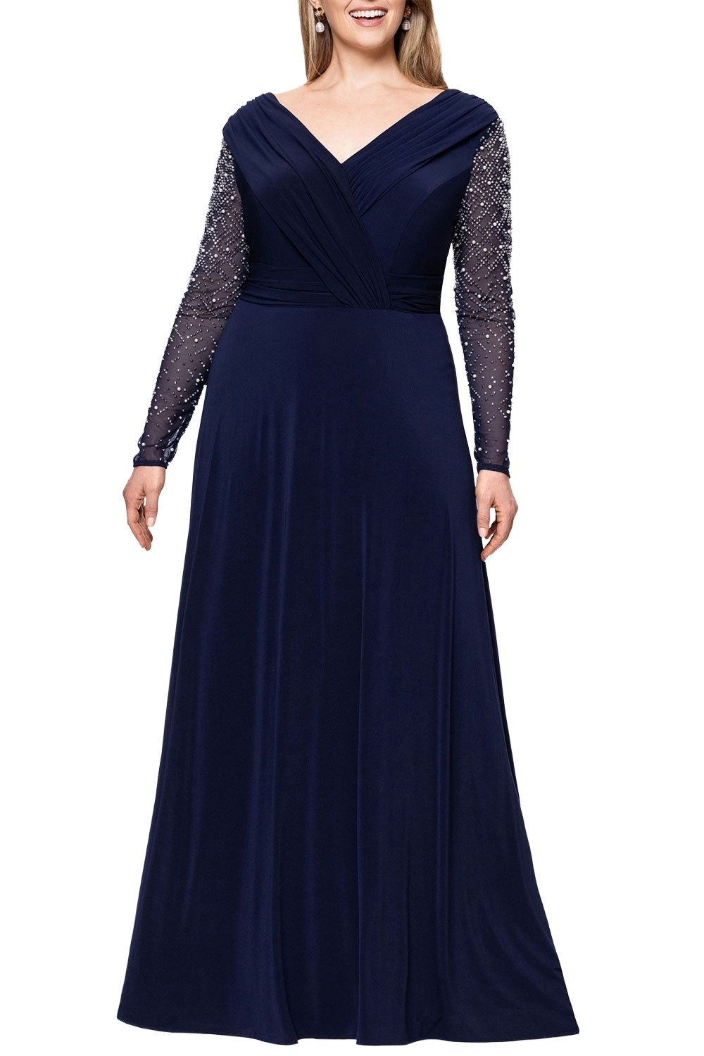betsy and adam beaded sleeve dress Luxury White Beaded Short Sleeves Evening Dress SS291 main image 0