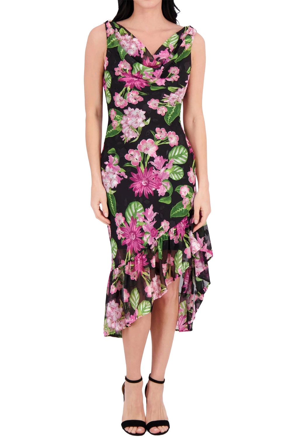 Kensie Womens Floral-Print Chiffon Flounce Midi Dress 6 Black/Multi - NWT  $138 | eBay