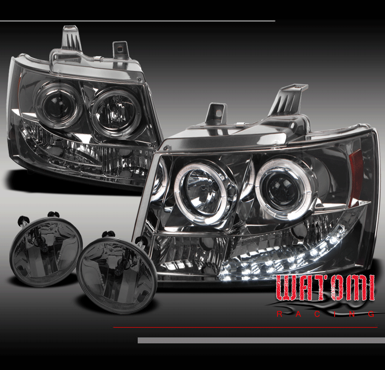 07-13 AVALANCHE//SUBURBAN//TAHOE LED HALO BLACK PROJECTOR HEAD LIGHTS+FOG CHROME