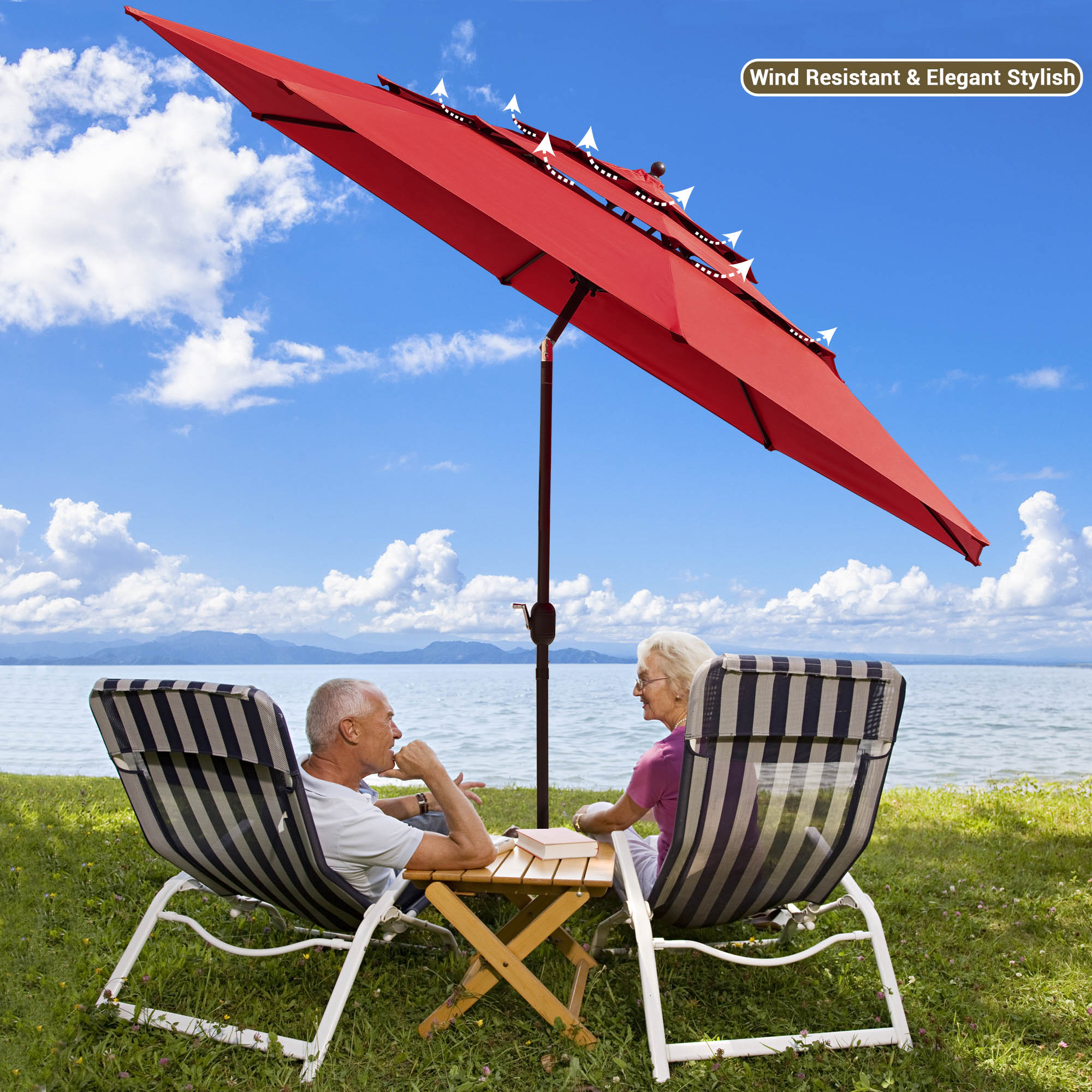 3-Tier 11 Ft Patio Umbrella with Crank Handle Push to Tilt Garden Pool - Picture 27 of 31