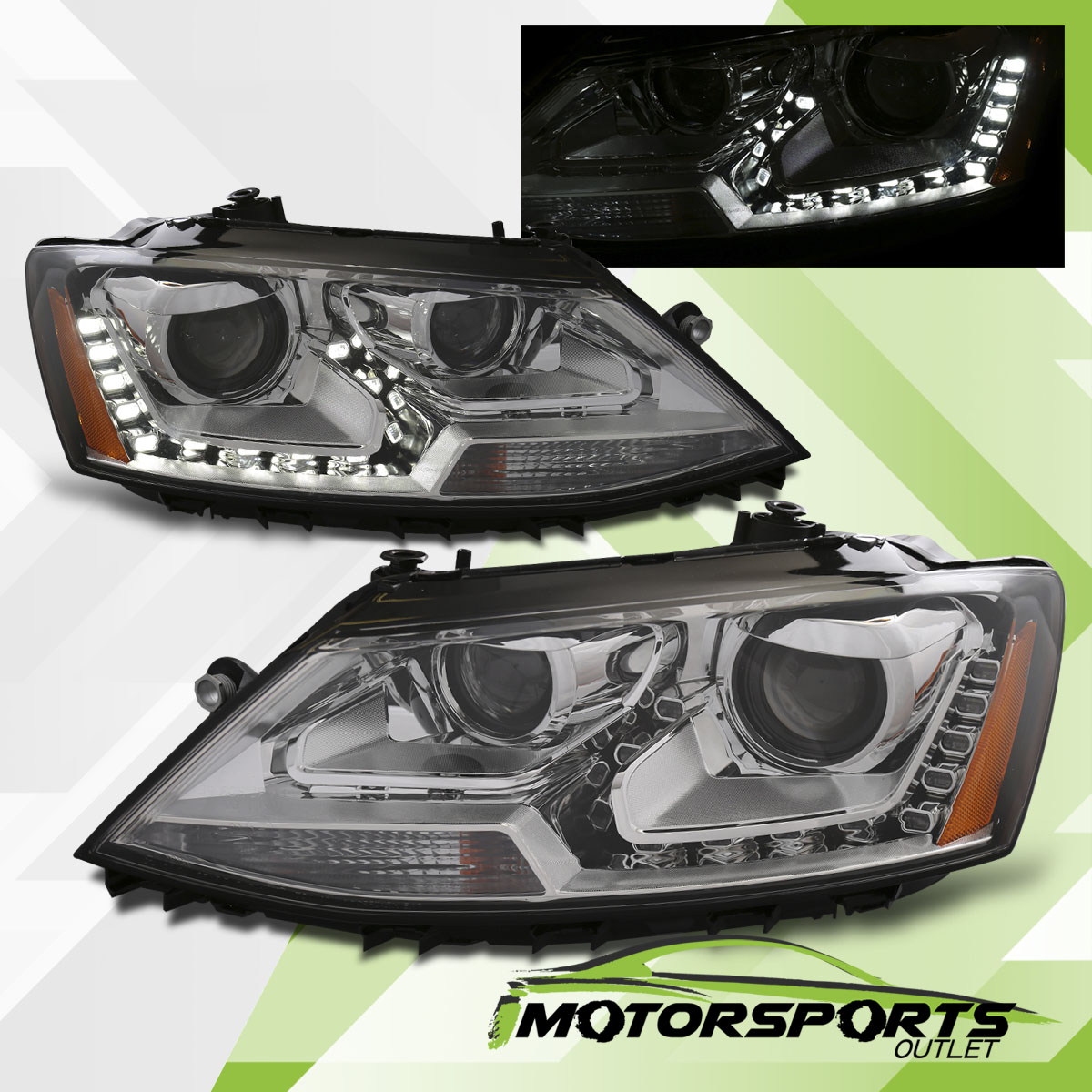 [LED DRL Strip] 20112017 Volkswagen VW Jetta Sedan Projector Chrome Headlights eBay