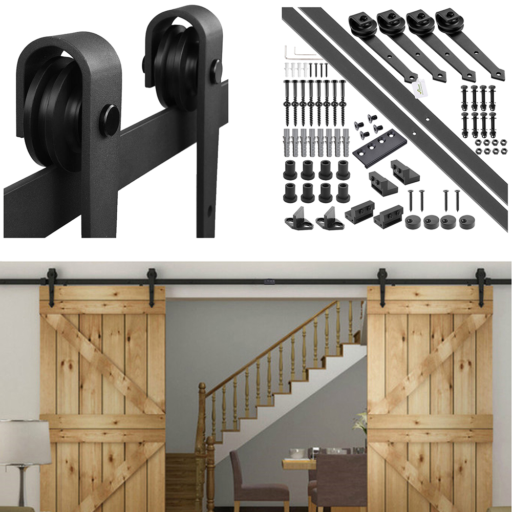 YesHom 6ft Heavy Duty Steel Sliding Barn Wood Door Closet Hardware Track Kit System Set Single Door J Shape Hanger Black