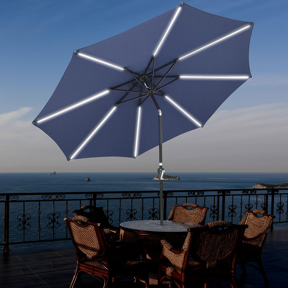 Solar LED Patio Umbrella Yard Parasol Beach Pool Sunshade Tilt Crank
