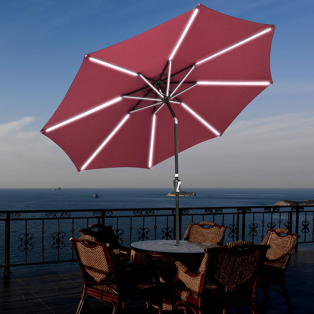 9' Patio Outdoor Umbrella Solar Power LED Full Lighting Bar Garden Yard