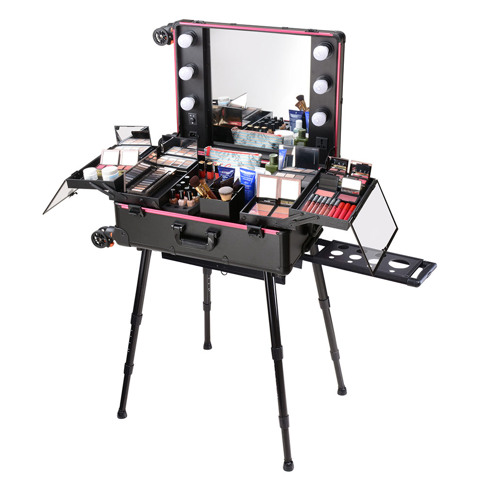 Rolling Makeup Case Studio LED Light Mirror Artist Cosmetic Table Multi