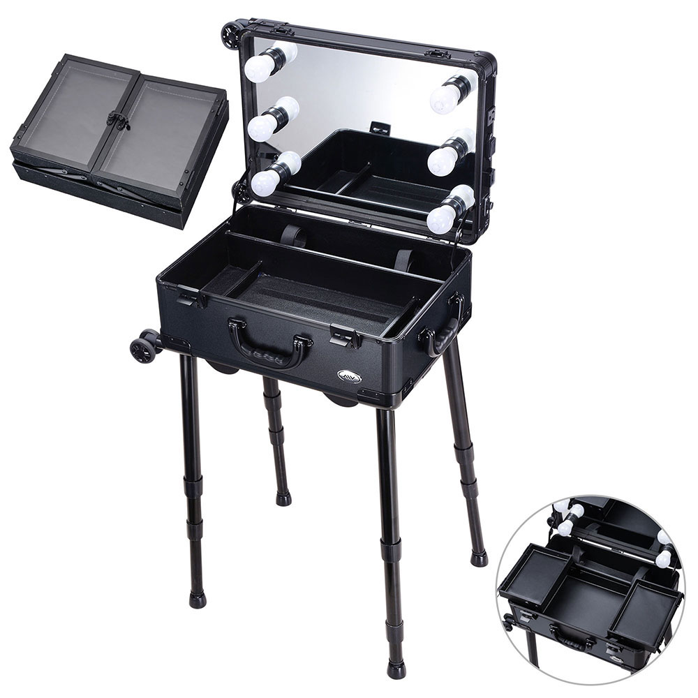Rolling Makeup Case Studio LED Light Mirror Artist Cosmetic Table Multi
