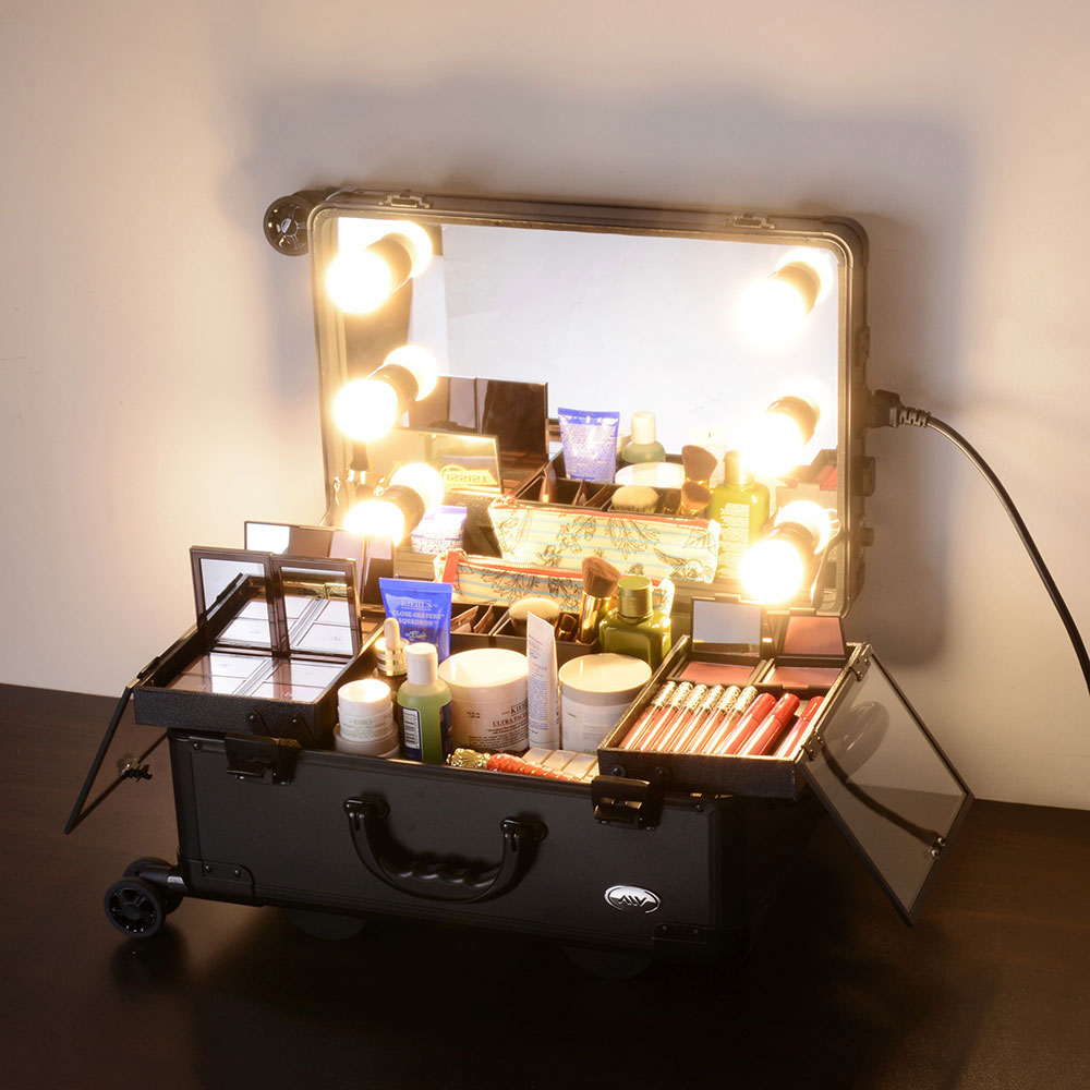 Rolling Makeup Case Studio LED Light Mirror Artist Cosmetic Table Multi