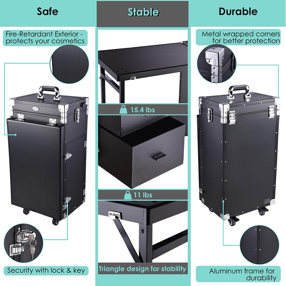 Aluminum Rolling Makeup Train Case Table Travel Trolley Cosmetic