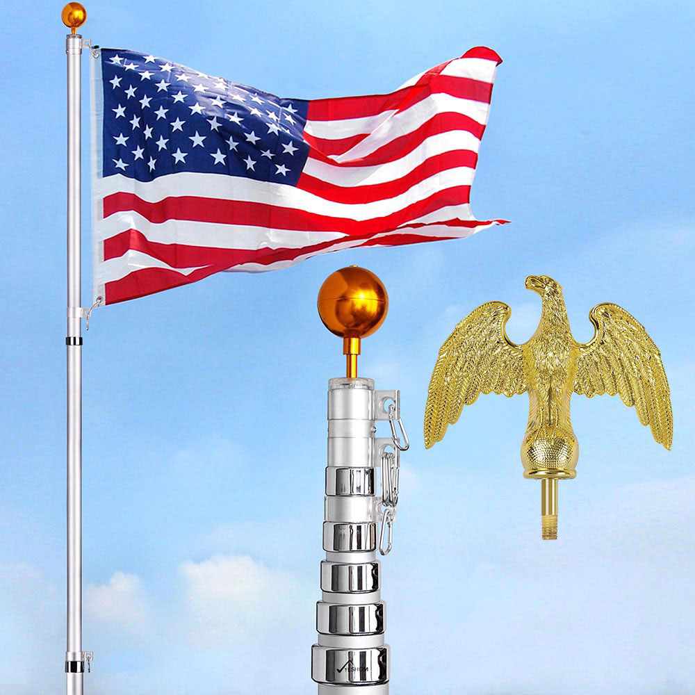 30' Telescopic Flag Pole Kit Aluminum Eagle Top +Gold Ball Finial +Flag Set USA 637509446079 eBay