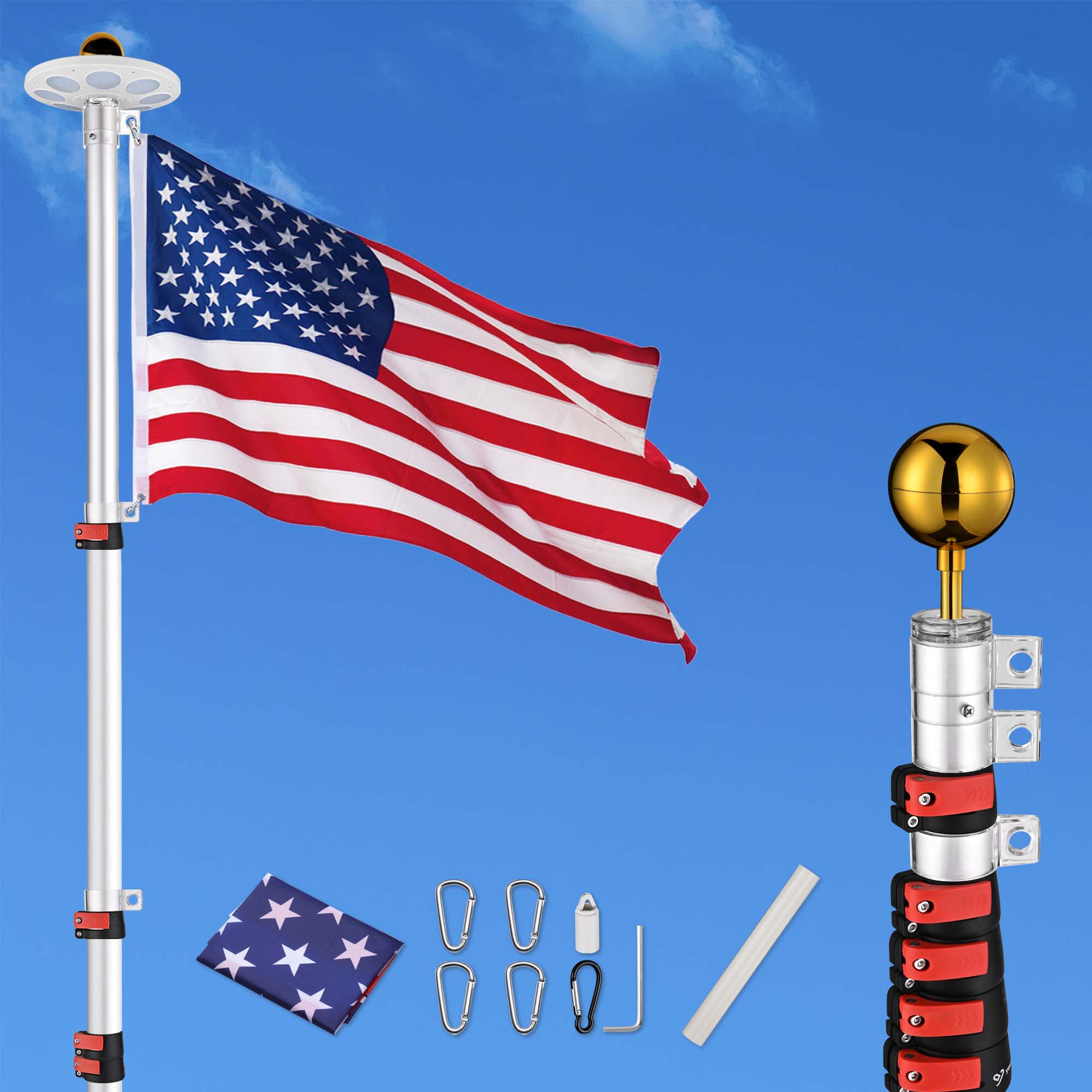Yescom Flag Pole Kit Heavy Duty Aluminum Flagpole US Flag+Ball Top LED Solar - Picture 51 of 55