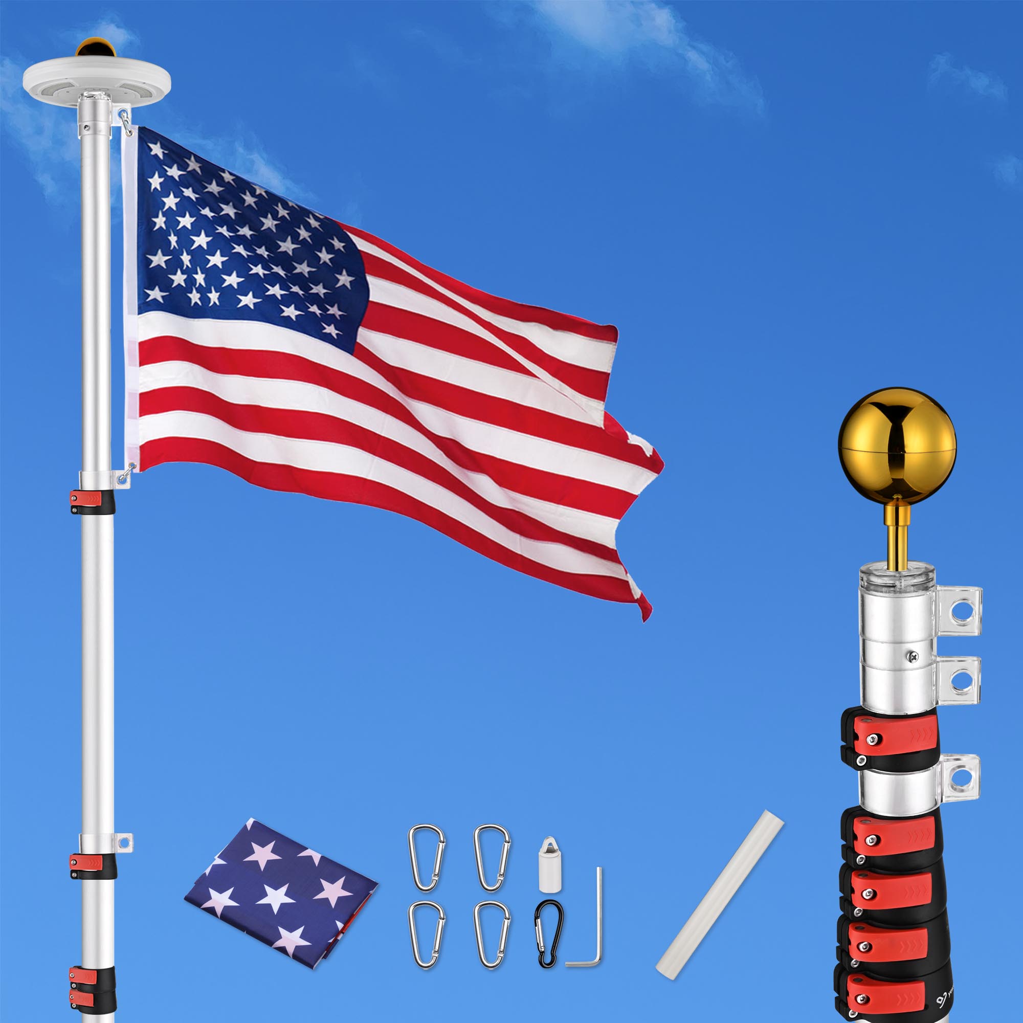 Yescom Flag Pole Kit Heavy Duty Aluminum Flagpole US Flag+Ball Top LED Solar - Picture 50 of 55