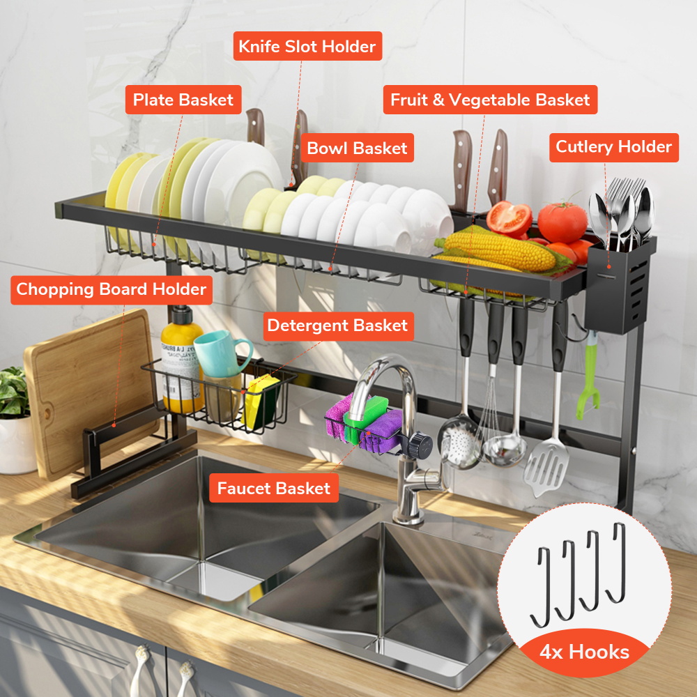 2 Tier Stainless Steel Dish Drying Rack Over Sink Kitchen Cutlery Drainer Holder