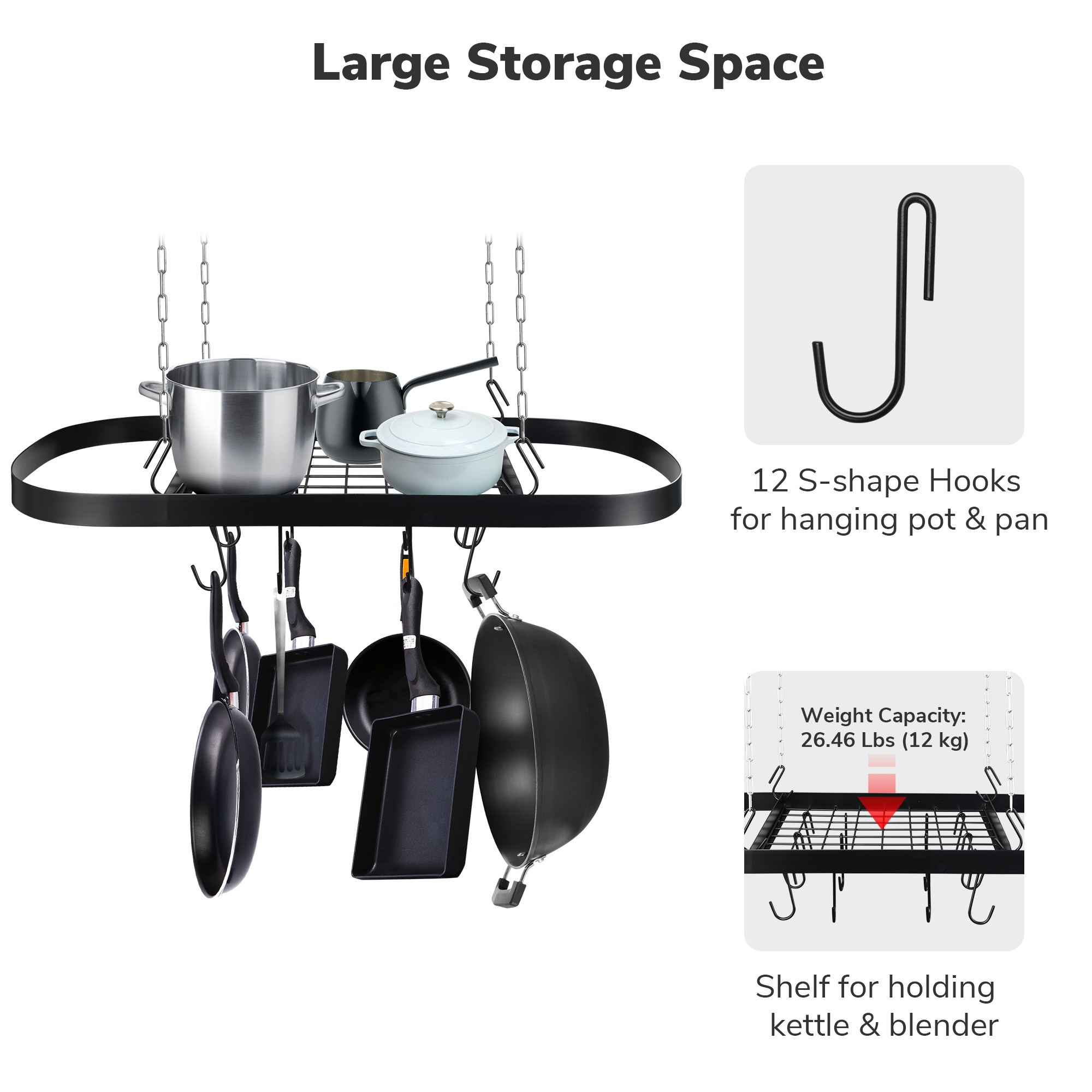 Hanging Pot Holder Pan Hanger Kitchen Ceiling Rack with 12 Hooks Black