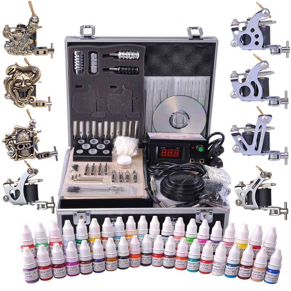 Complete Tattoo Kit 8 Machine Gun 40 Ink Power Supply Grip Tip Needle