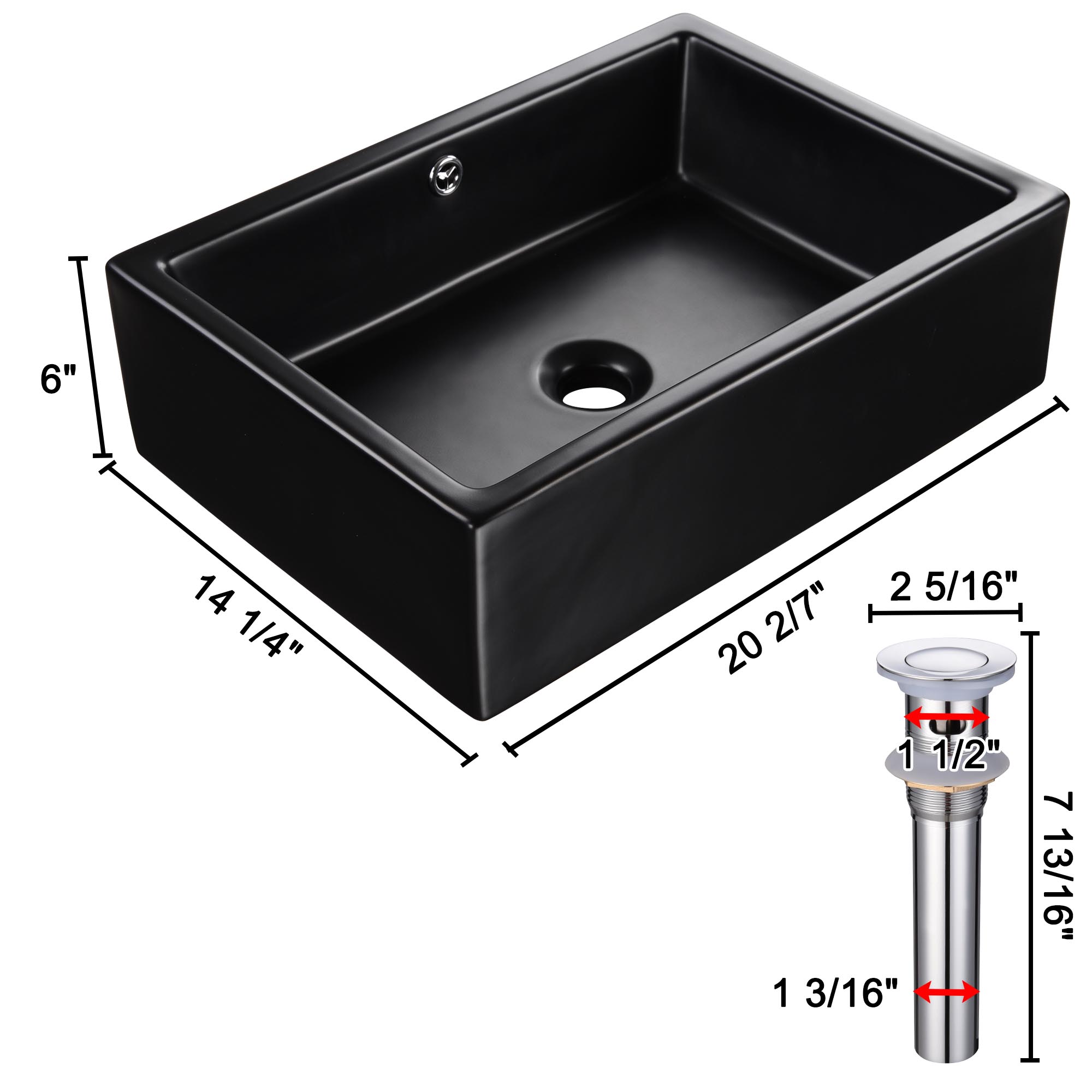 20" Rectangle Bathroom Vessel Sink Countertop Porcelain Basin Pop up