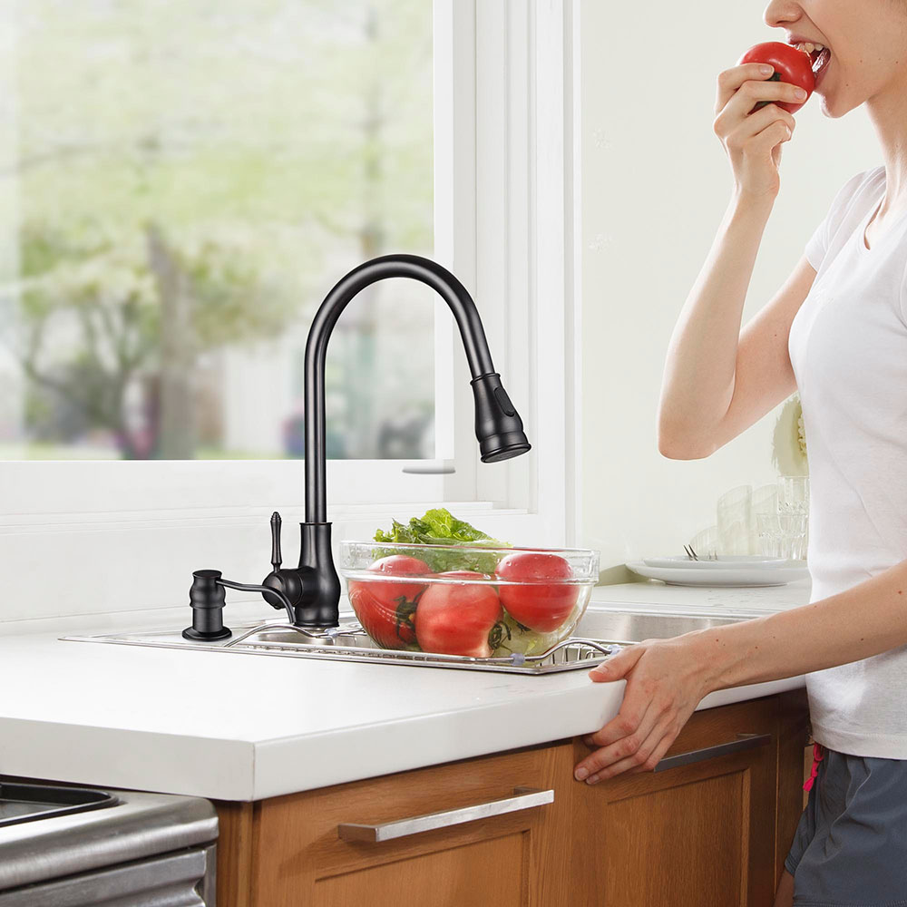 Kitchen Sink Faucet Single Handle Pull Down Sprayer w/ Soap Dispenser Deck Mount
