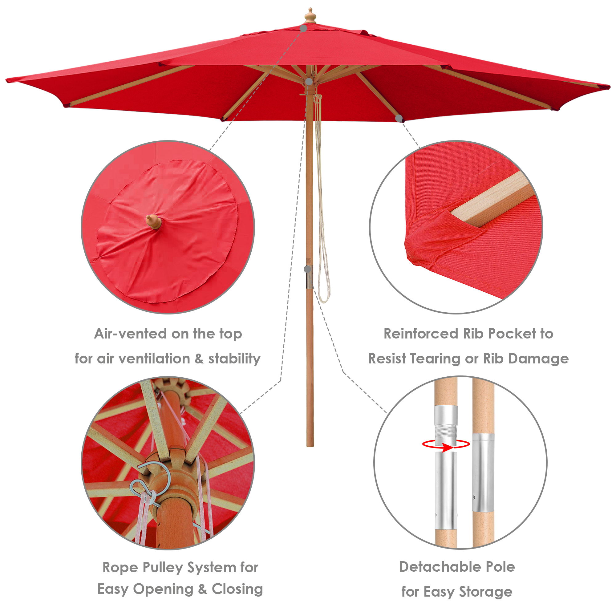 8' 9' 13' Outdoor Patio Wood Umbrella Wooden Pole Market Beach Garden