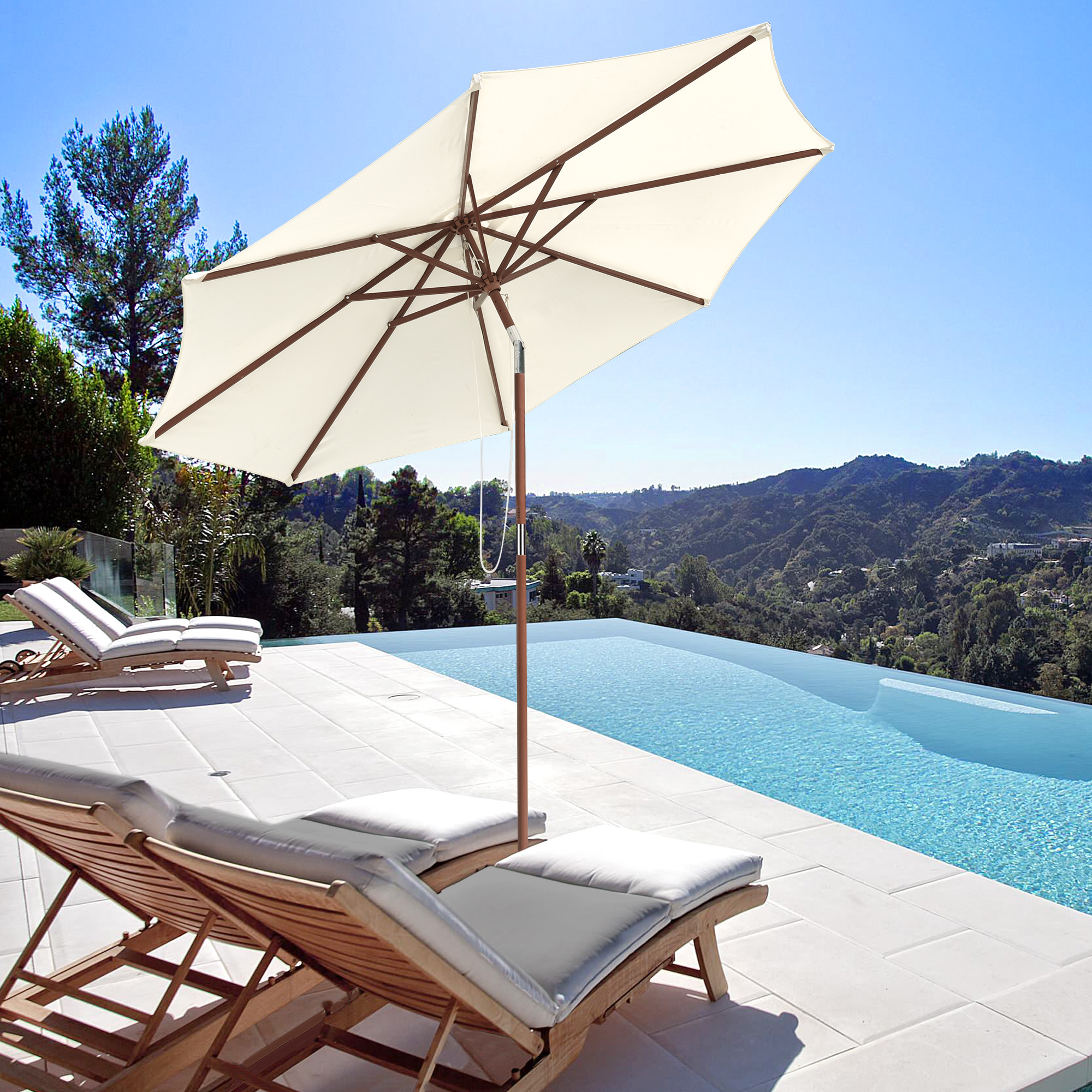 9ft Wooden Patio Umbrella 8 Ribs Garden Beach Pool Resort Tilt Parasol Sunshade - Picture 26 of 34