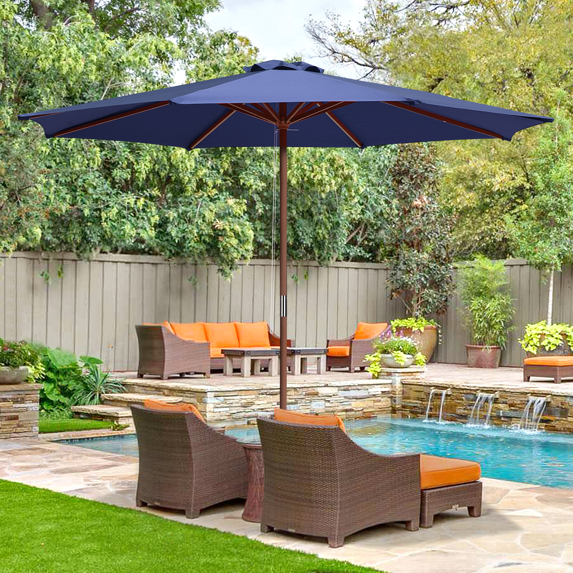 9' Ft 8 Ribs Patio Wood Umbrella Wooden Pole Outdoor Sunshade Market