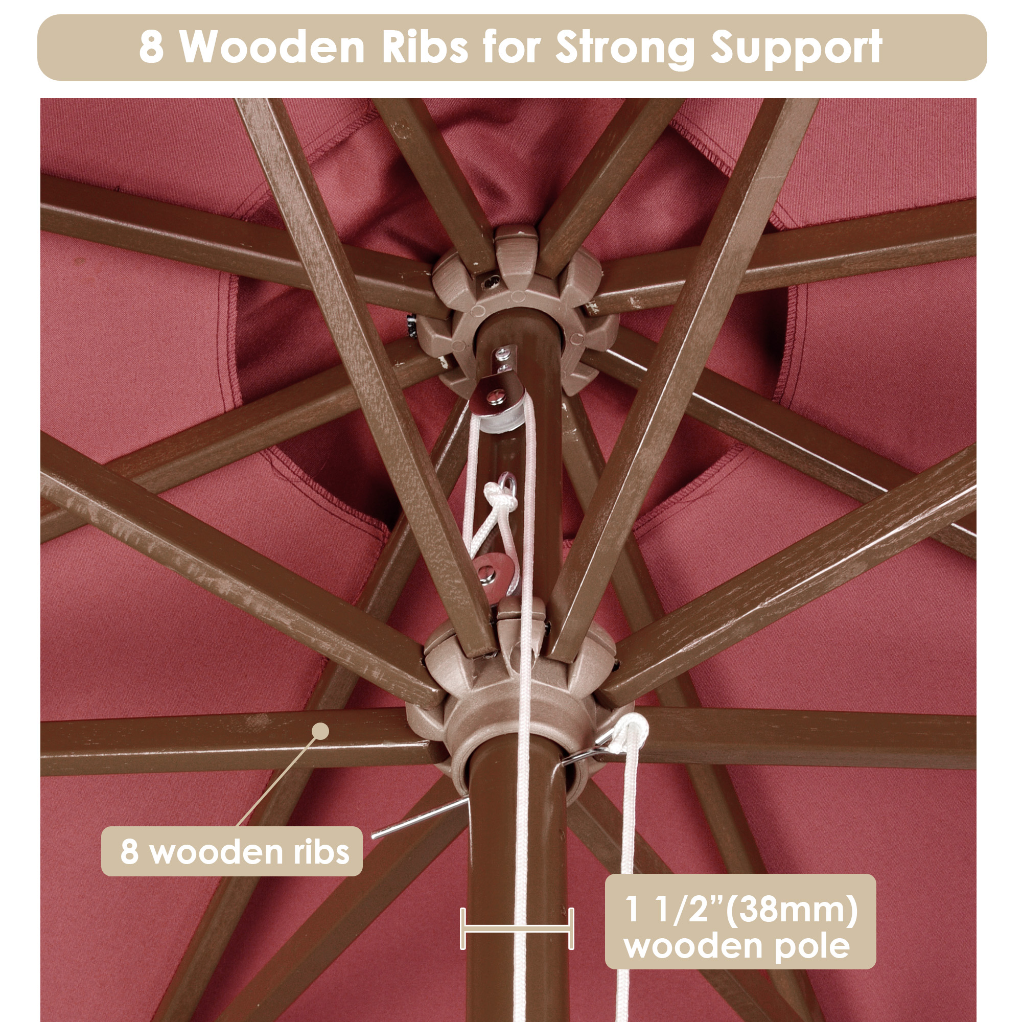 9' Ft 8 Ribs Patio Wood Umbrella Wooden Pole Outdoor Sunshade Market Garden Yard - Picture 55 of 55