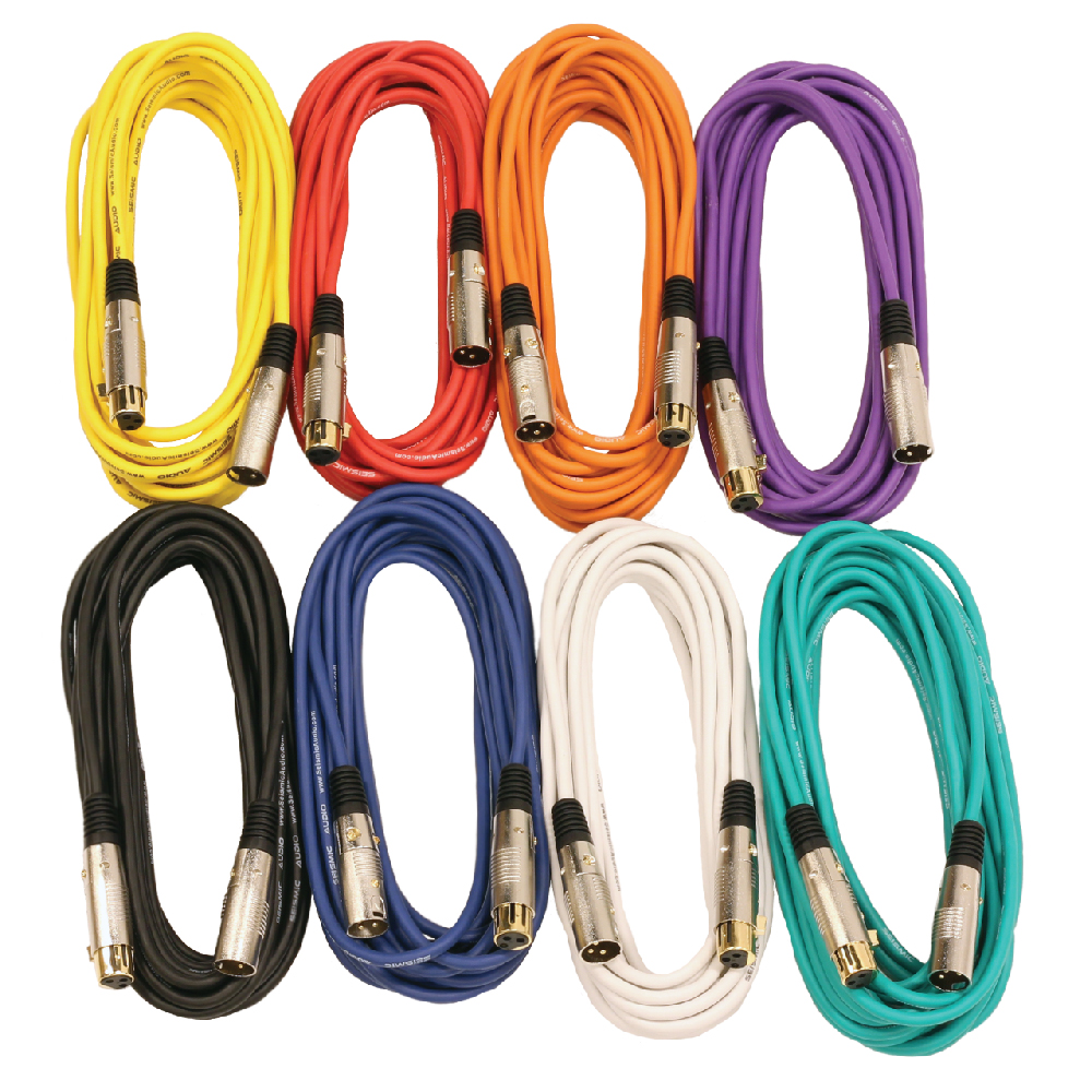 8 Pack of 25 Foot Multi Colored Gold Plated XLR Mic Microphone Patch