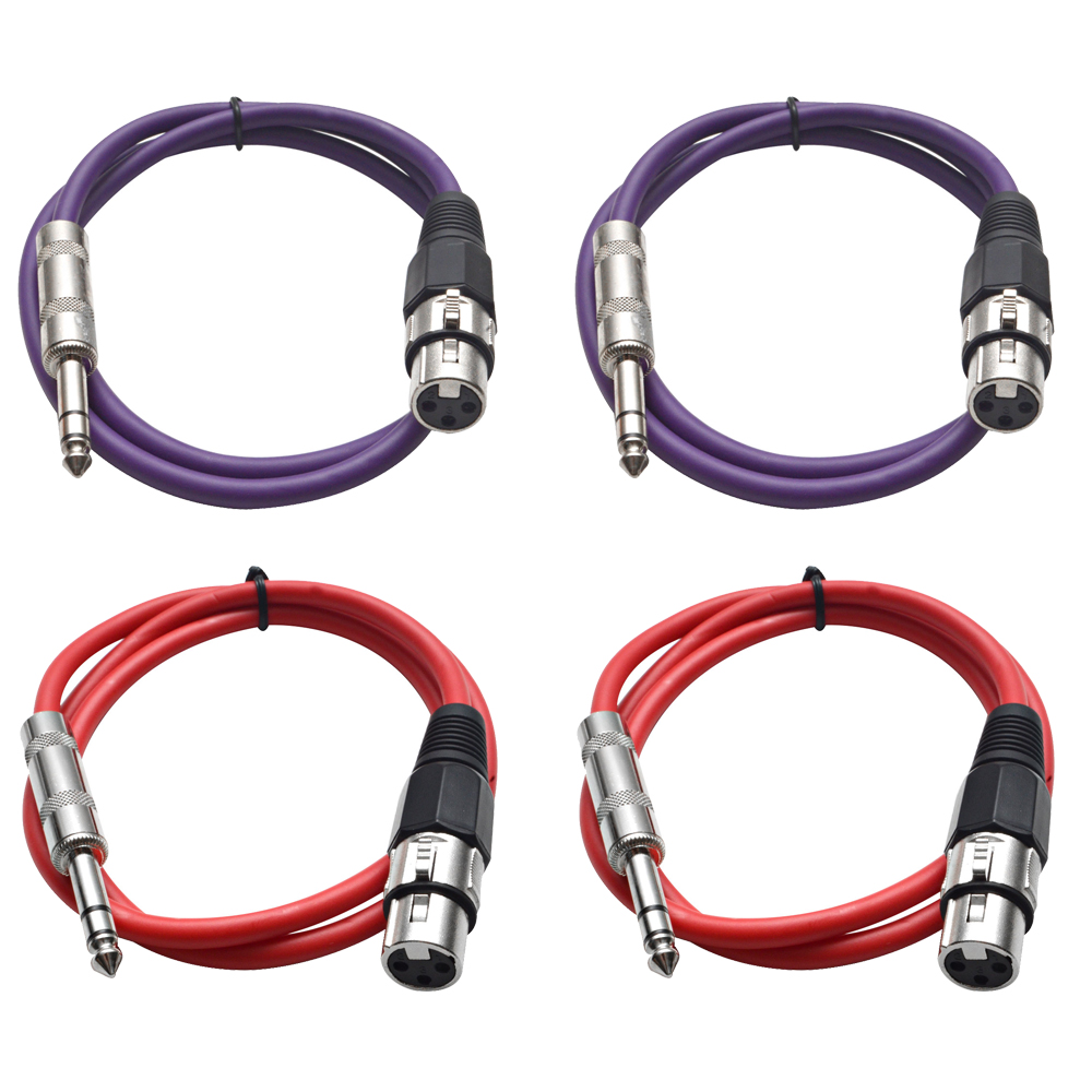 Four 1/4" to XLR Female Patch Cables 2' Extension Cords Jumper, Various Colors - Picture 25 of 29