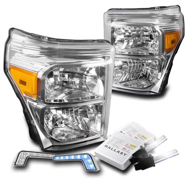 1116 FORD F250 F350 SUPER DUTY HEADLIGHTS LAMP CHROME W/BLUE DRL LED