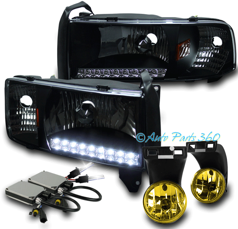 94-01 DODGE RAM LED BAR BLACK CRYSTAL HEADLIGHT LAMP W//DRIVING FOG LIGHT+8K HID