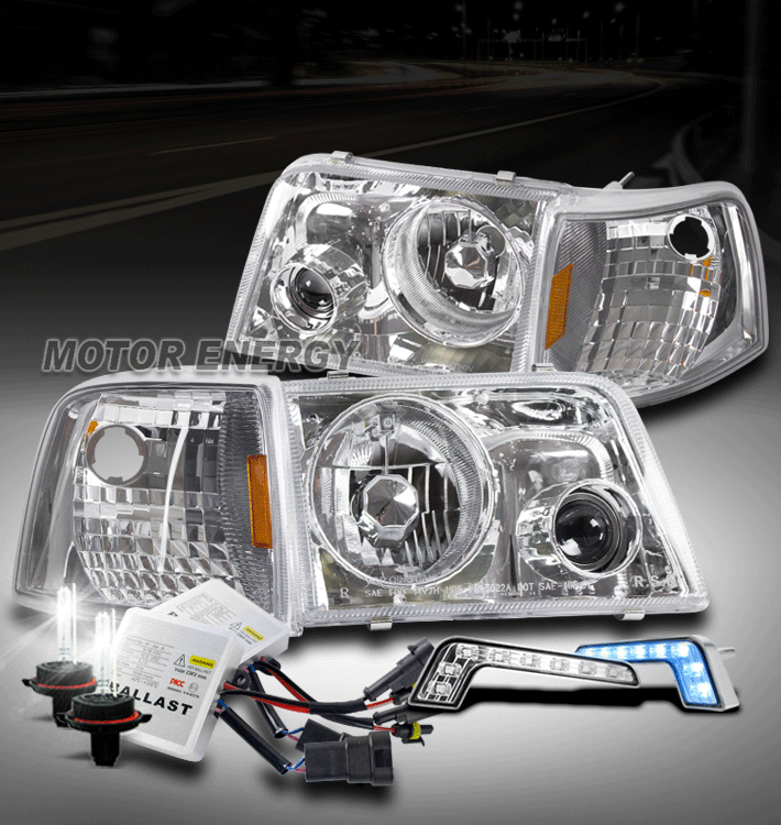 93-97 FORD RANGER CHROME HEAD LIGHT+PROJECTOR FOG LAMP W/BLUE DRL LED+