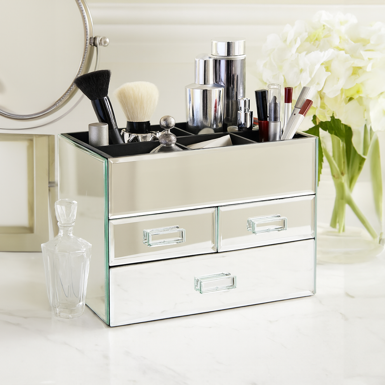Mirrored Glass Cosmetic Organizer with 3 Drawers and Velvet Lined Compartments