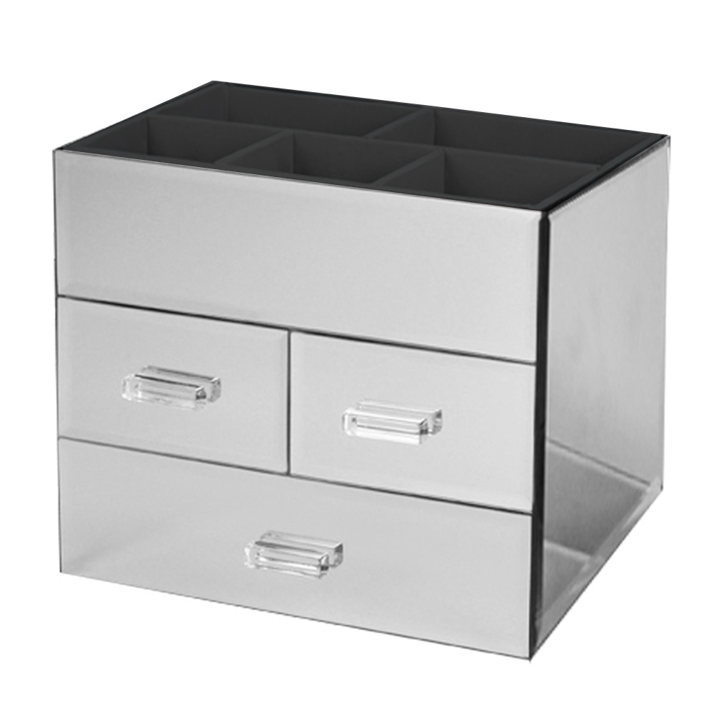 Mirrored Glass Cosmetic Organizer with 3 Drawers and Velvet Lined Compartments