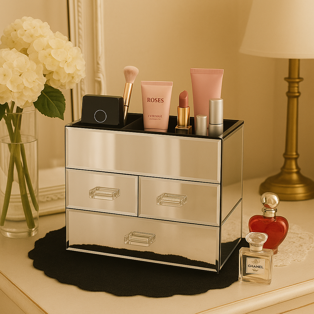 Mirrored Glass Cosmetic Organizer with 3 Drawers and Velvet Lined Compartments