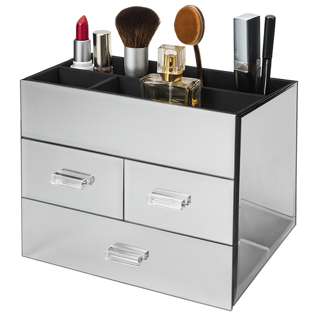 Mirrored Glass Cosmetic Organizer with 3 Drawers and Velvet Lined Compartments