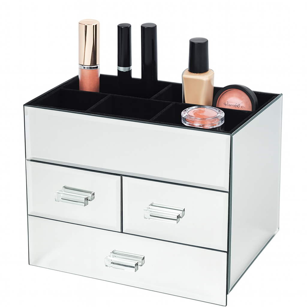 Mirrored Glass Cosmetic Organizer with 3 Drawers and Velvet Lined Compartments