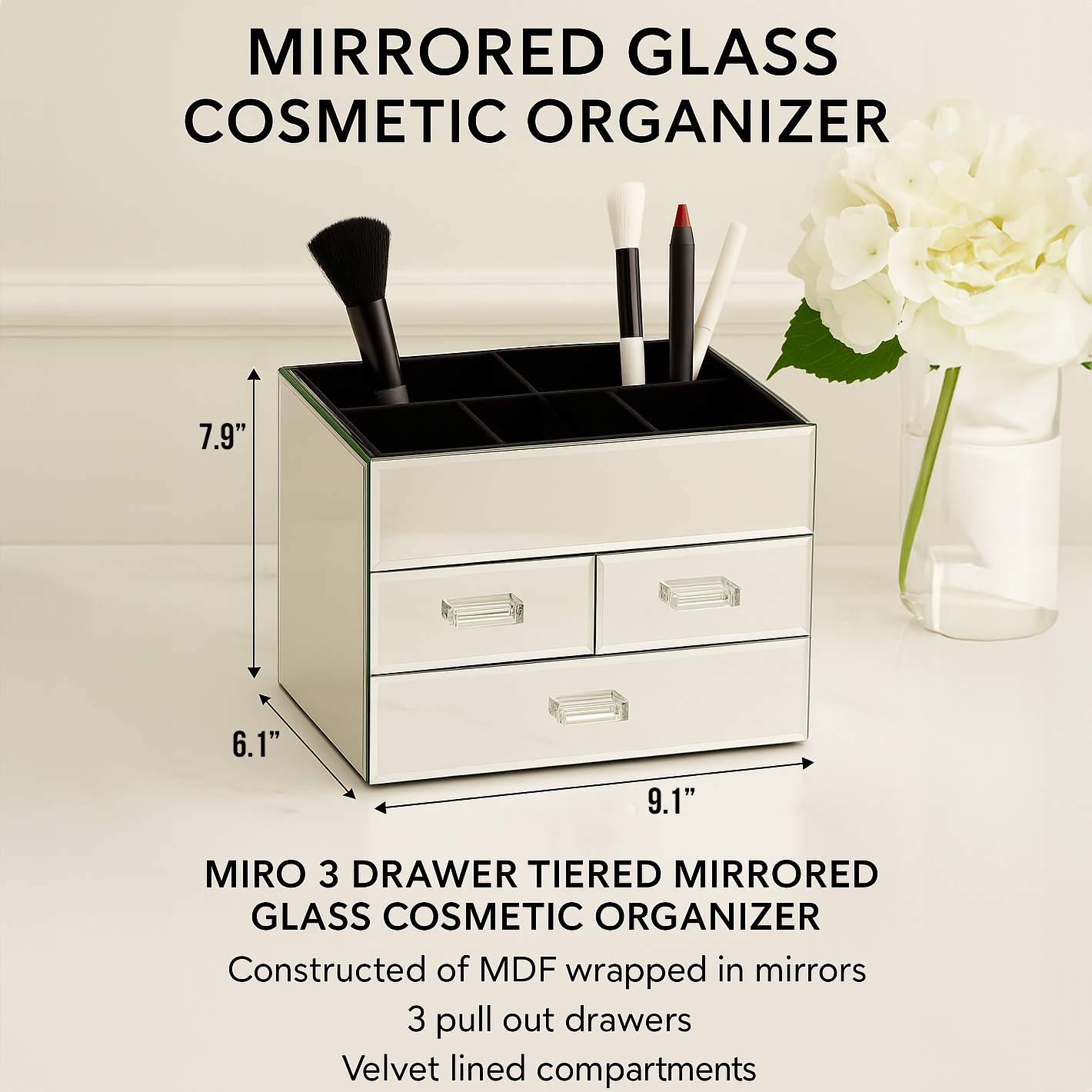 Mirrored Glass Cosmetic Organizer with 3 Drawers and Velvet Lined Compartments