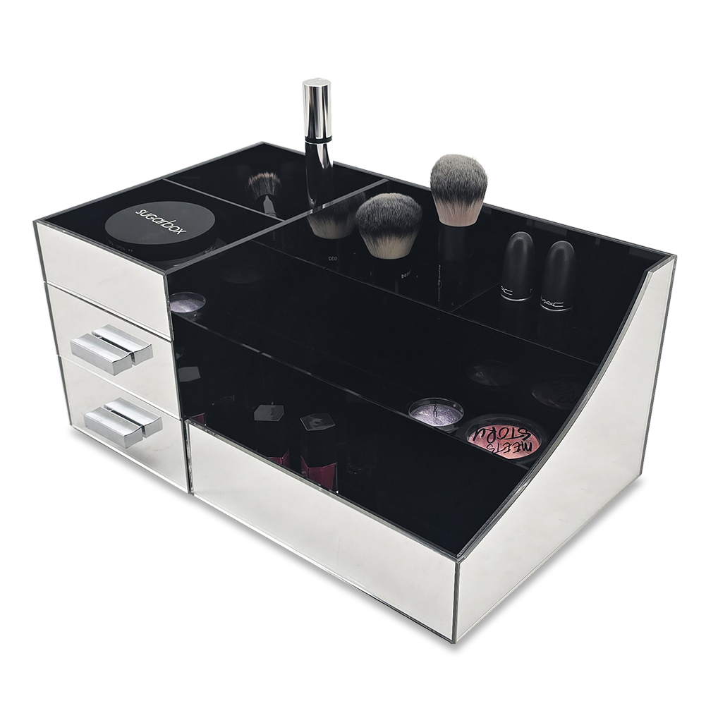 NEW! DELUXE MAKEUP ORGANIZER - MIRROR PANEL TIERED THREE DRAWER COSMETIC DISPLAY - Picture 2 of 2