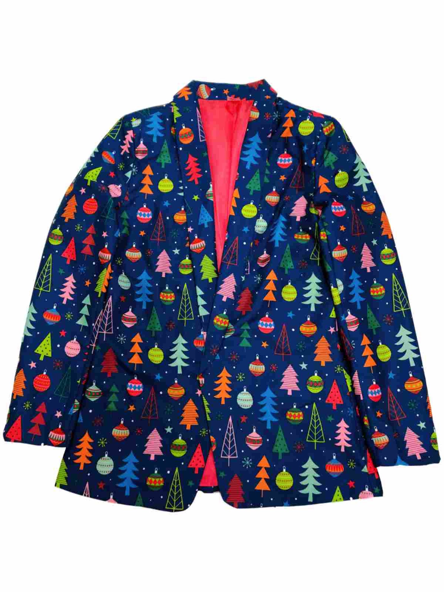 Womens Blue Christmas Tree Ornaments Holiday Suit Blazer Light Up