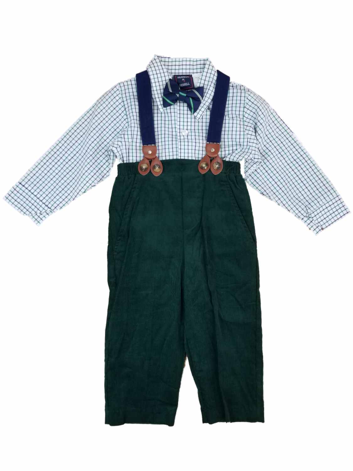 Toddler Boys Green & Blue Plaid Suit Dress Up Outfit Bow Tie & Suspenders 2T - Picture 2 of 2