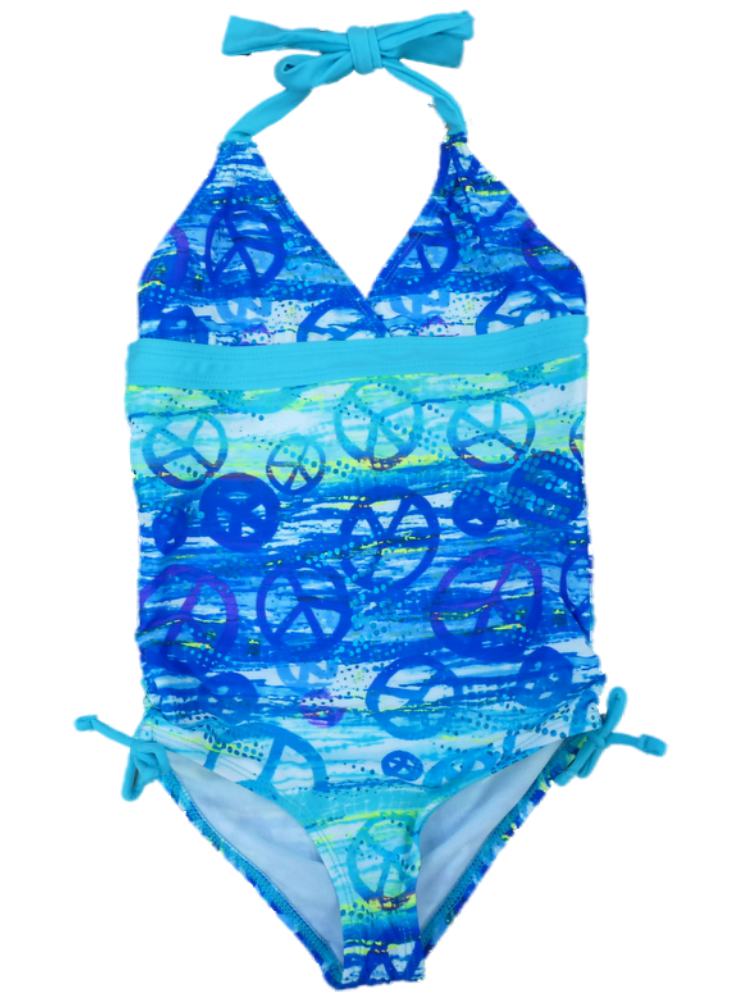 Angel Beach Girls Blue Peace Sign Swimming Suit Swim Halter Bathing Suit 1PC 4 - Picture 2 of 2