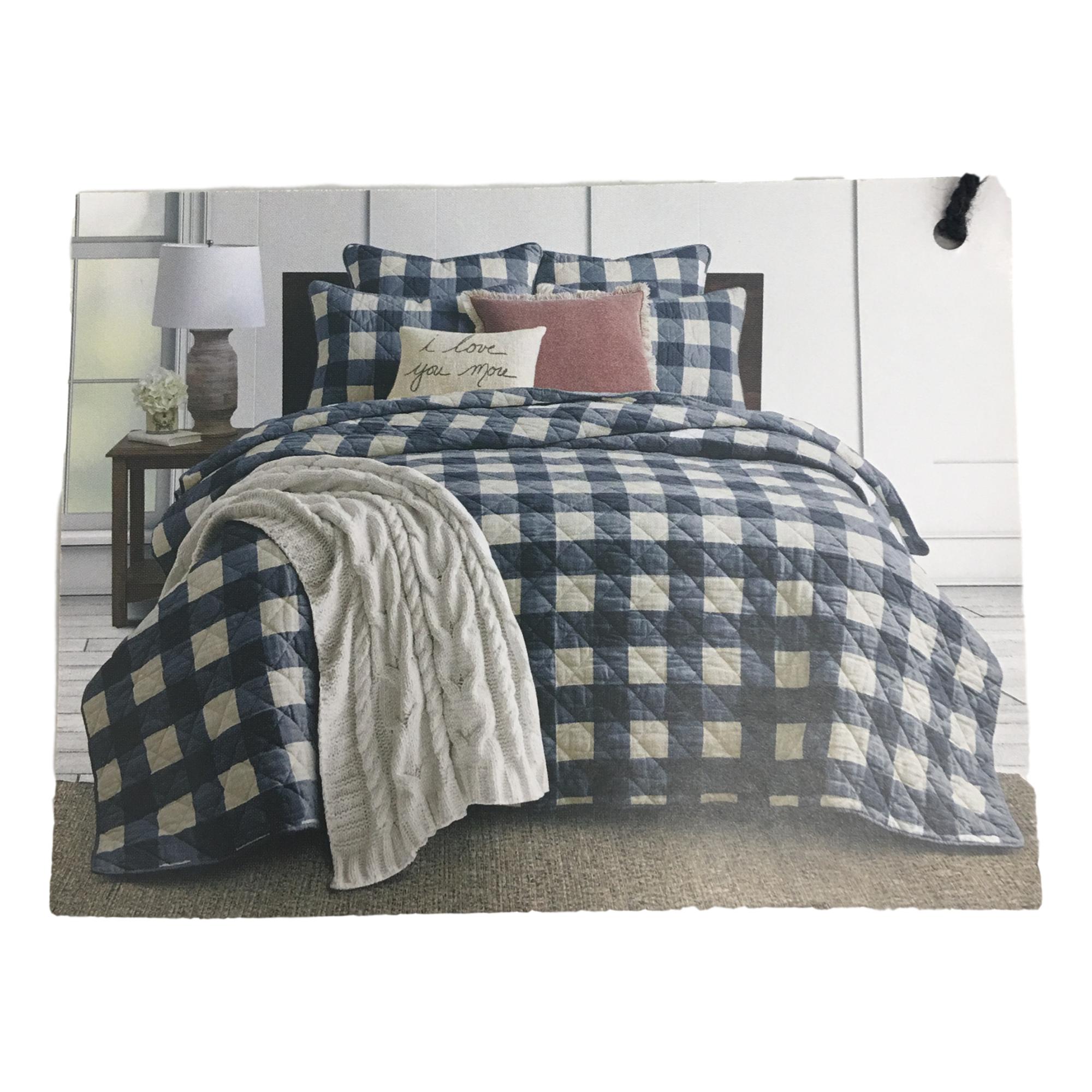 Bee & Willow Navy Blue Buffalo Check Plaid King Quilt & Shams Bed Set, 3 Piece eBay