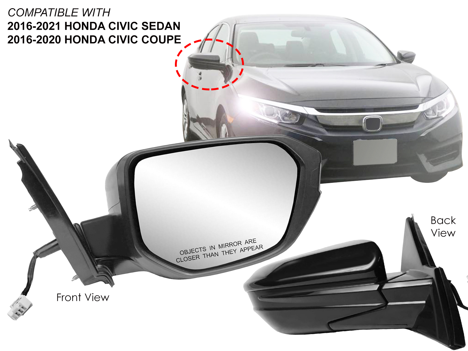 Driver Side Power Heated Side Mirror For 2016-2021 Honda Civic EX & EX-L - Unpainted White