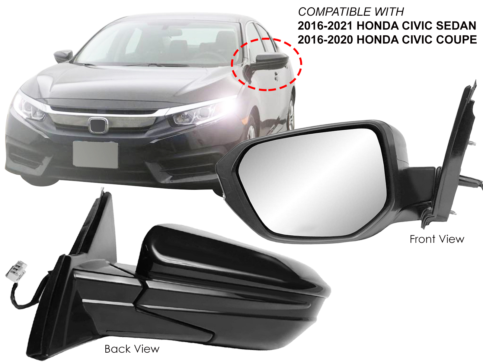 Left Side Power Side View Mirror For Honda Civic - Paint To Match, Heated, Manual Fold (2017-2021)