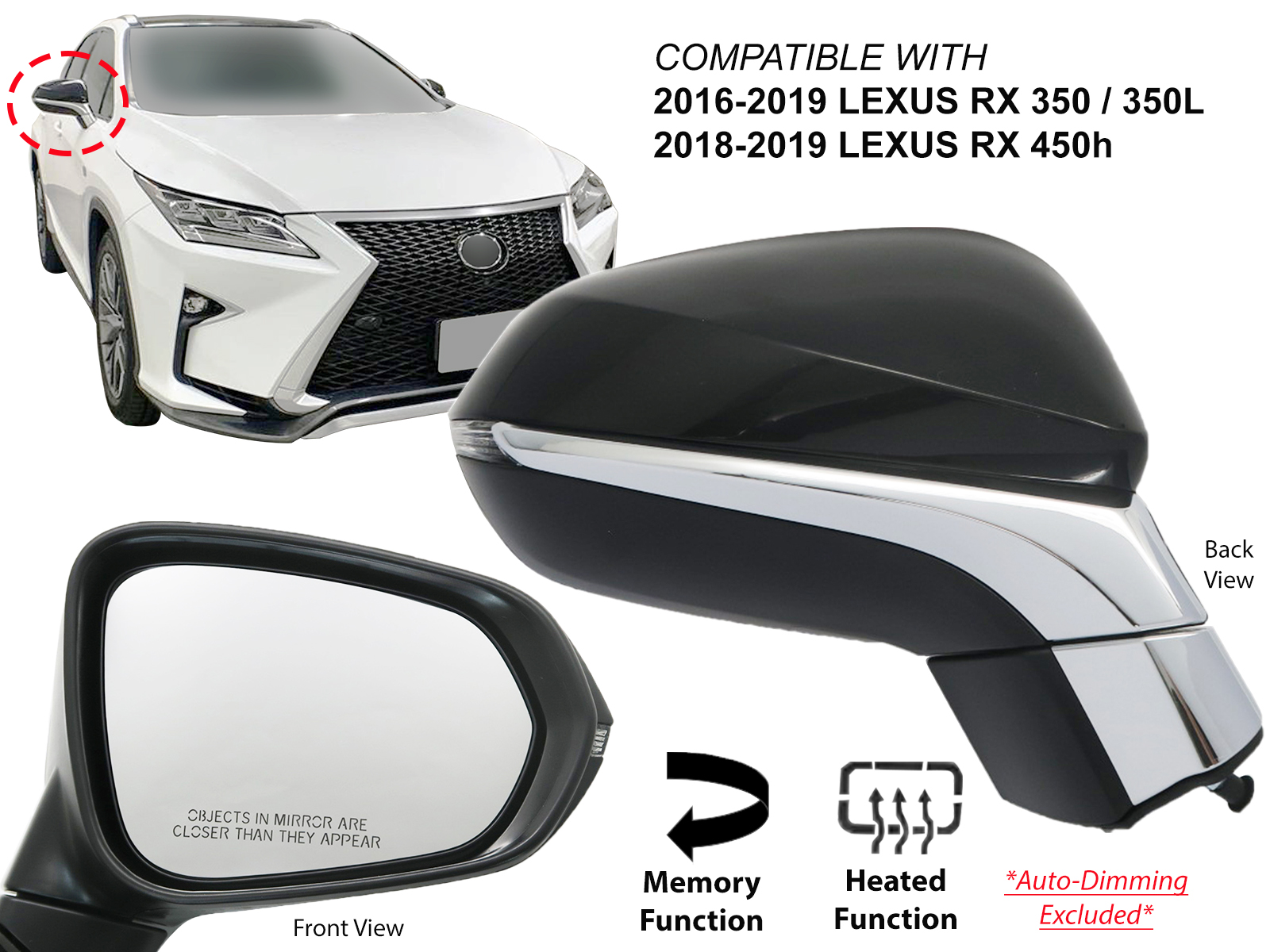 Passenger Side Right Mirror Glass For Lexus RX350 RX450H 2010-2015 - 077RC With Adhesive Pad